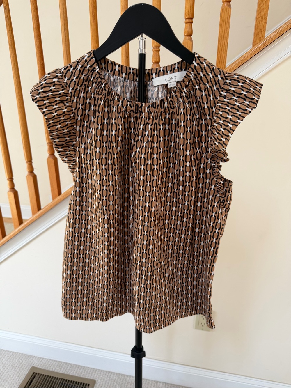 LOFT Brown & Black Chain-Print Ruffle Sleeve Blouse
